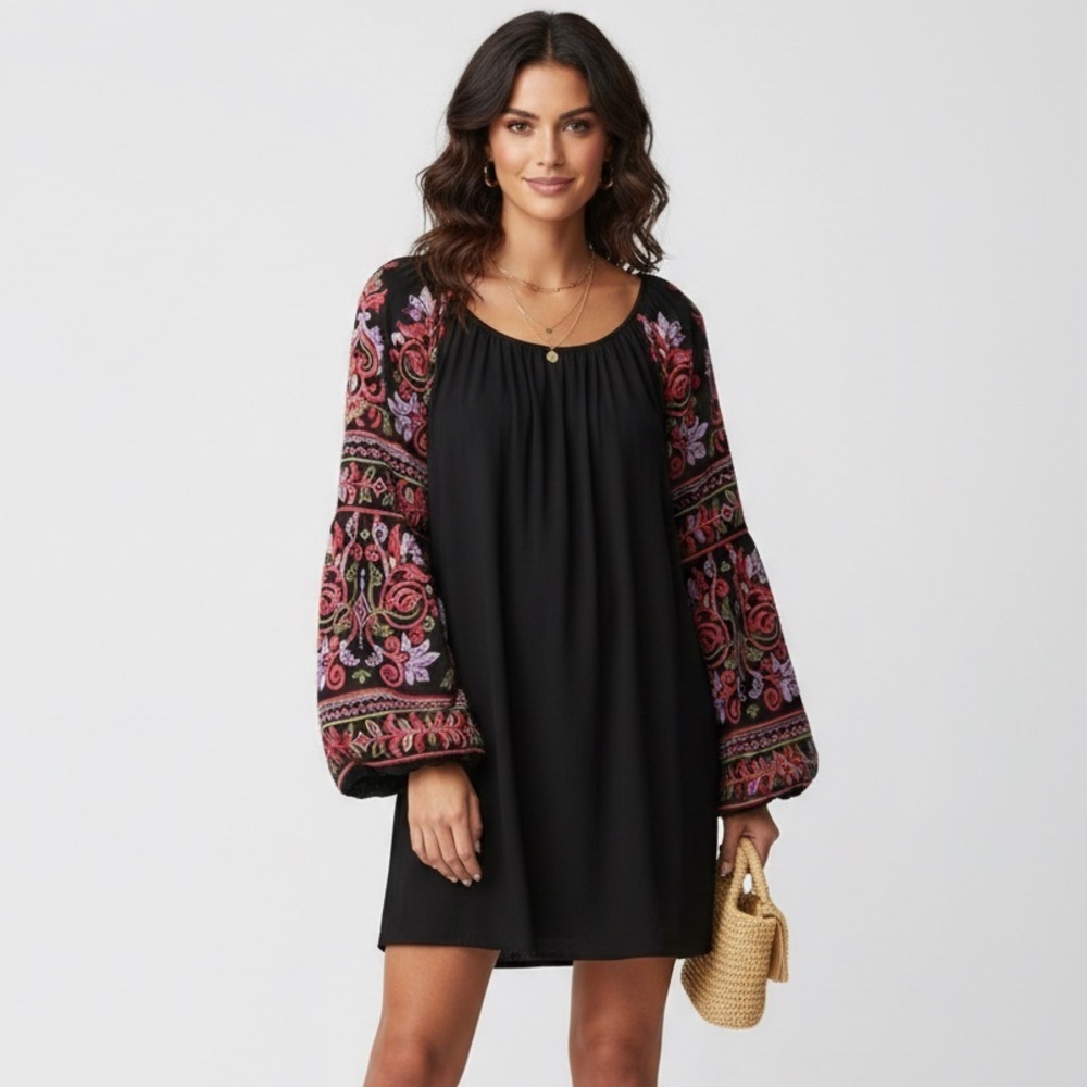 Oso Boho Folk Core Embroidered Bell Sleeve Black Shift Dress M - Picture 2 of 8
